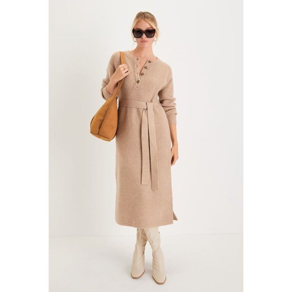 Lulus Snuggly Aesthetic Beige Long Sleeve Henley Sweater Midi Dress - Size S